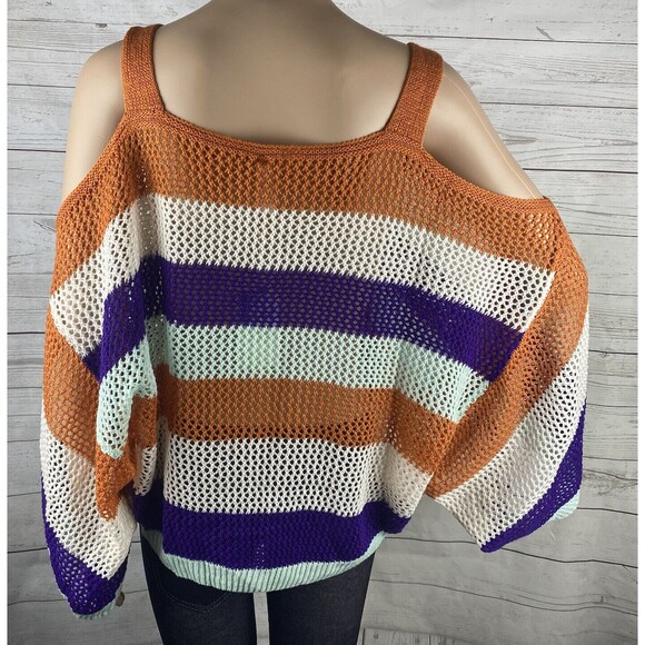 NWT L. Love Cropped Sweater Colorful Striped Cold Shoulder Oversized Top - Picture 9 of 12
